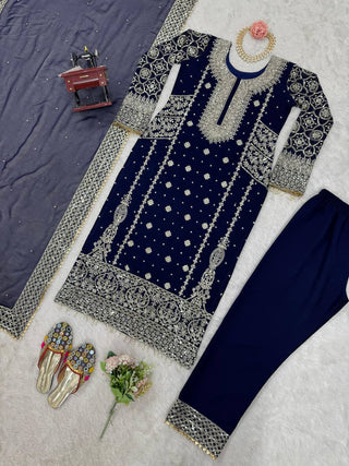 Blue Elegant Faux Georgette Thread & Sequin Embroidered Suit Set ClothsVilla