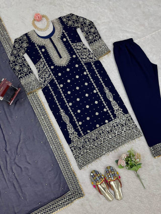 Blue Elegant Faux Georgette Thread & Sequin Embroidered Suit Set ClothsVilla