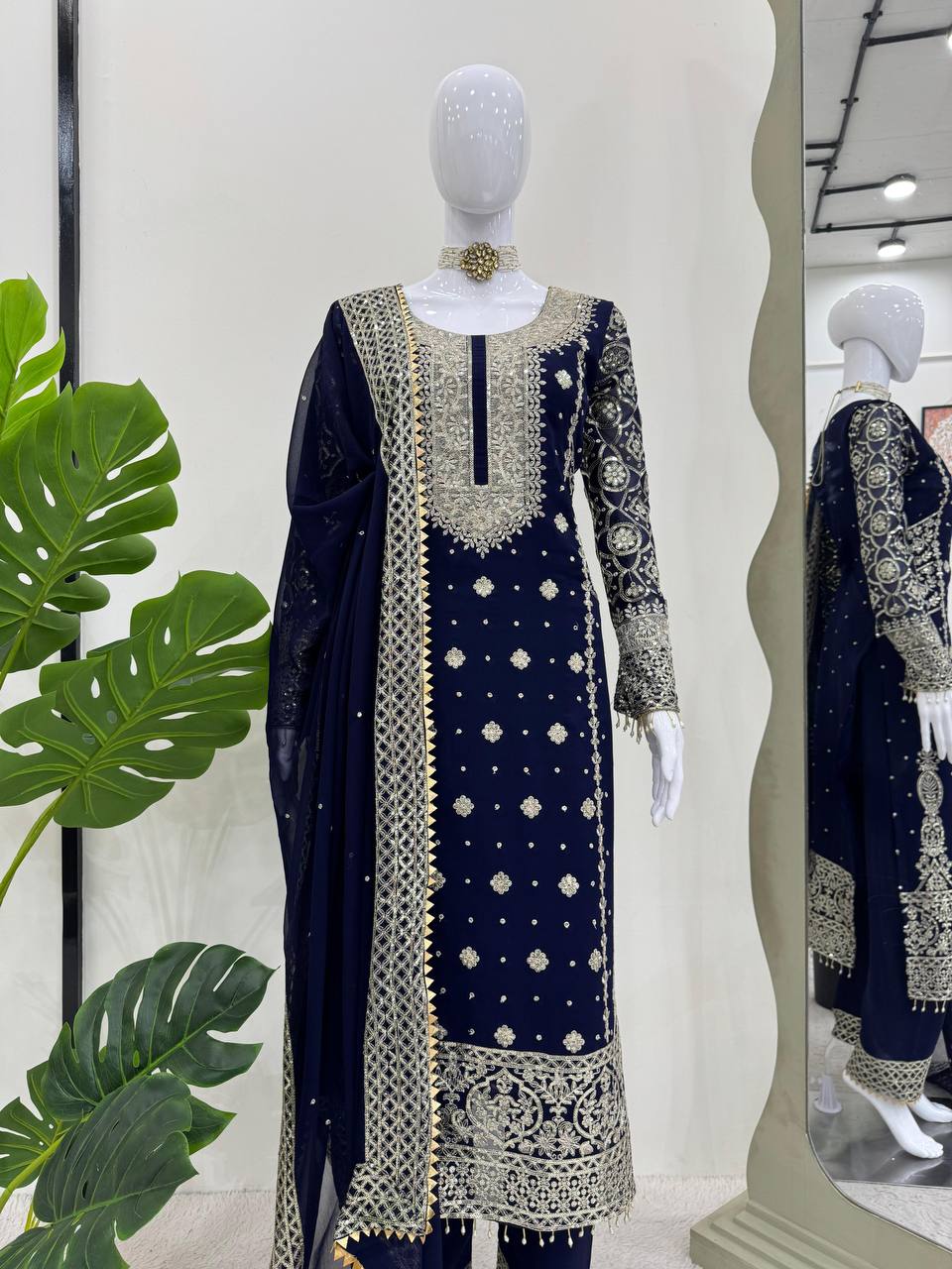 Blue Elegant Faux Georgette Thread & Sequin Embroidered Suit Set ClothsVilla