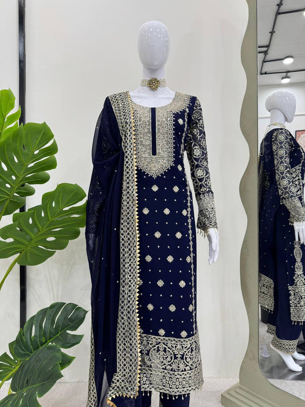 Blue Elegant Faux Georgette Thread & Sequin Embroidered Suit Set ClothsVilla