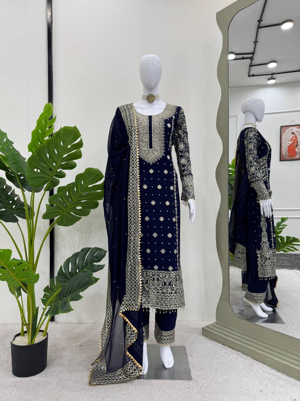 Blue Elegant Faux Georgette Thread & Sequin Embroidered Suit Set ClothsVilla