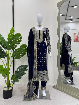 Blue Elegant Faux Georgette Thread & Sequin Embroidered Suit Set ClothsVilla