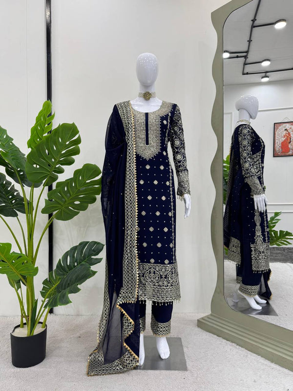 Blue Elegant Faux Georgette Thread & Sequin Embroidered Suit Set ClothsVilla