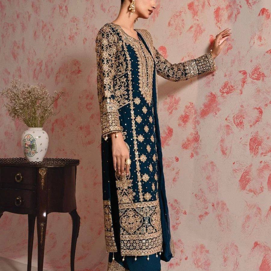 Blue Elegant Faux Georgette Thread & Sequin Embroidered Suit Set ClothsVilla