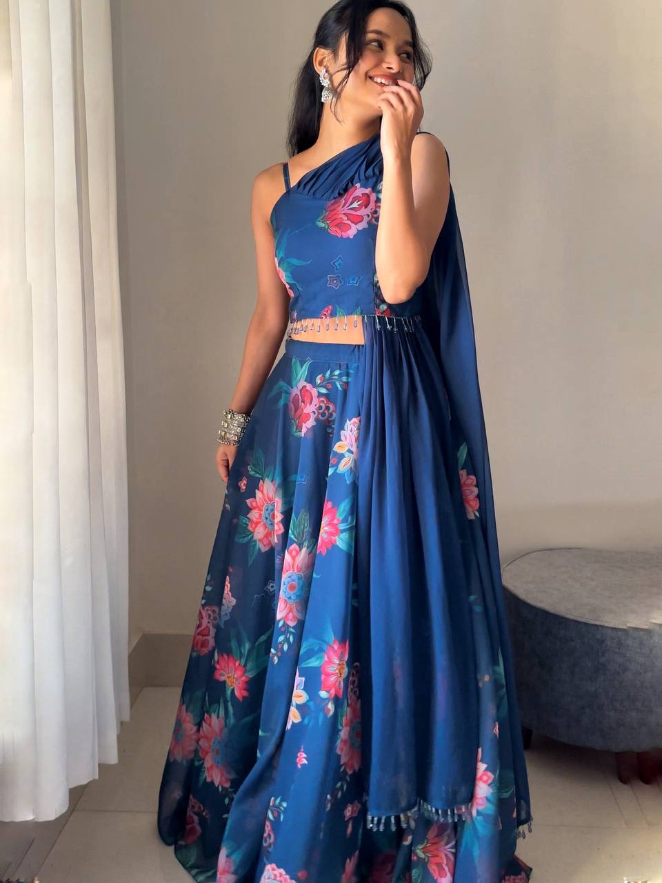 Blue Elegant Floral Draped Lehenga Set ClothsVilla