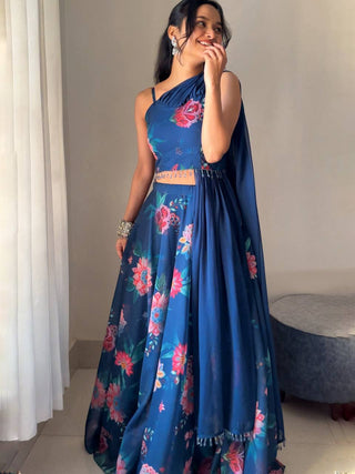 Blue Elegant Floral Draped Lehenga Set ClothsVilla