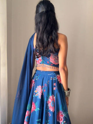 Blue Elegant Floral Draped Lehenga Set ClothsVilla