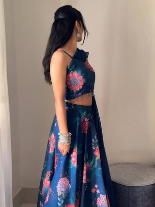 Blue Elegant Floral Draped Lehenga Set ClothsVilla