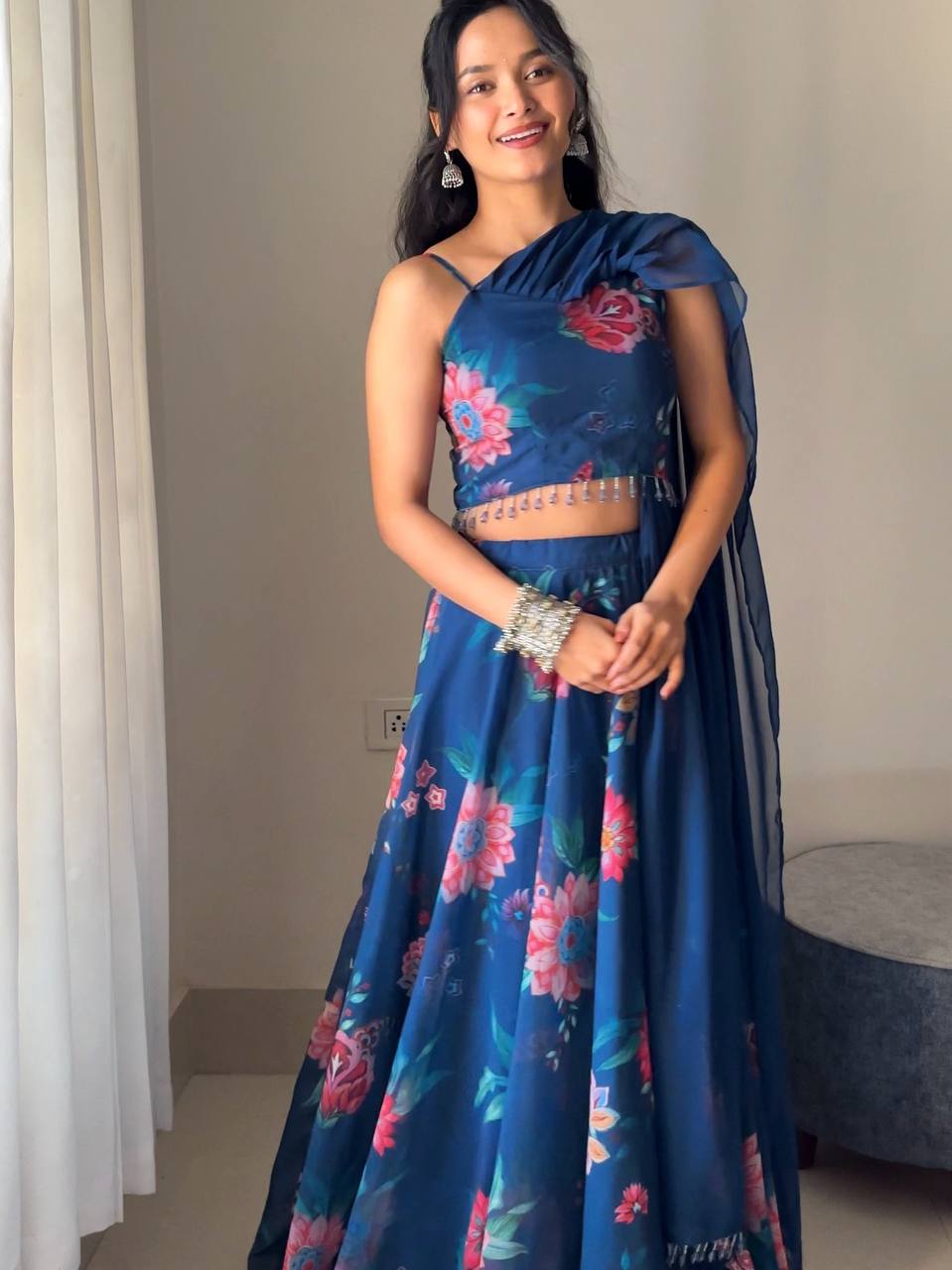 Blue Elegant Floral Draped Lehenga Set ClothsVilla