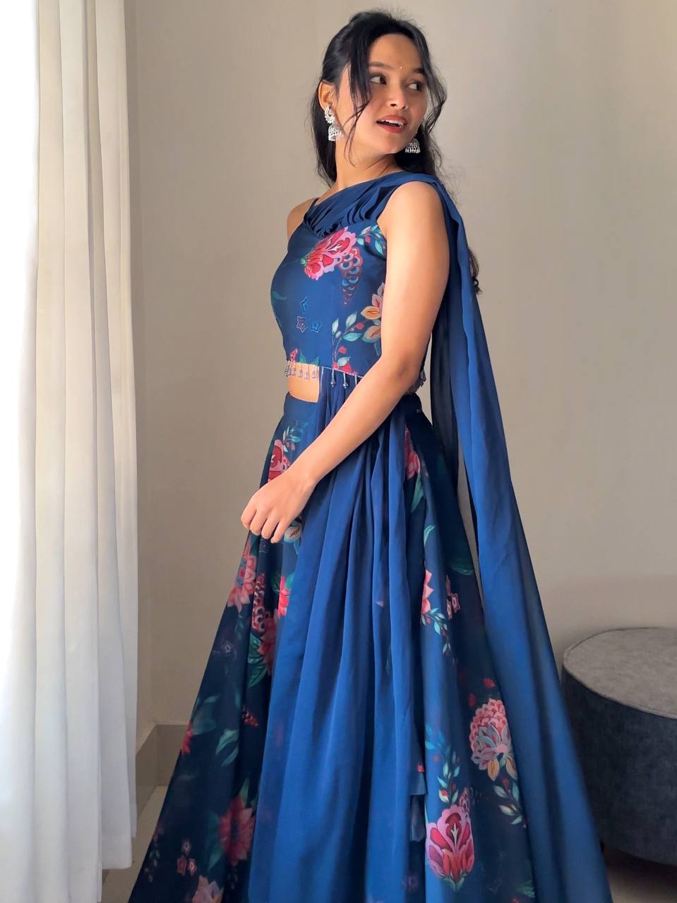 Blue Elegant Floral Draped Lehenga Set ClothsVilla