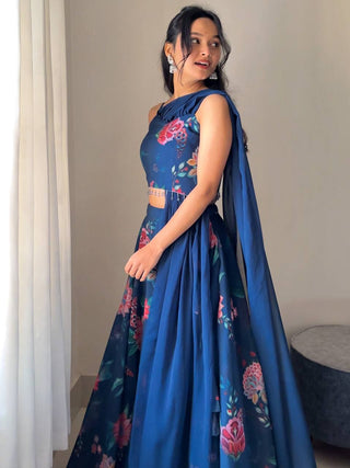 Blue Elegant Floral Draped Lehenga Set ClothsVilla