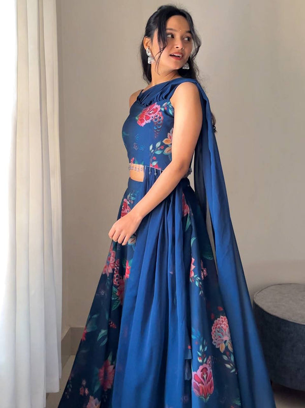 Blue Elegant Floral Draped Lehenga Set ClothsVilla