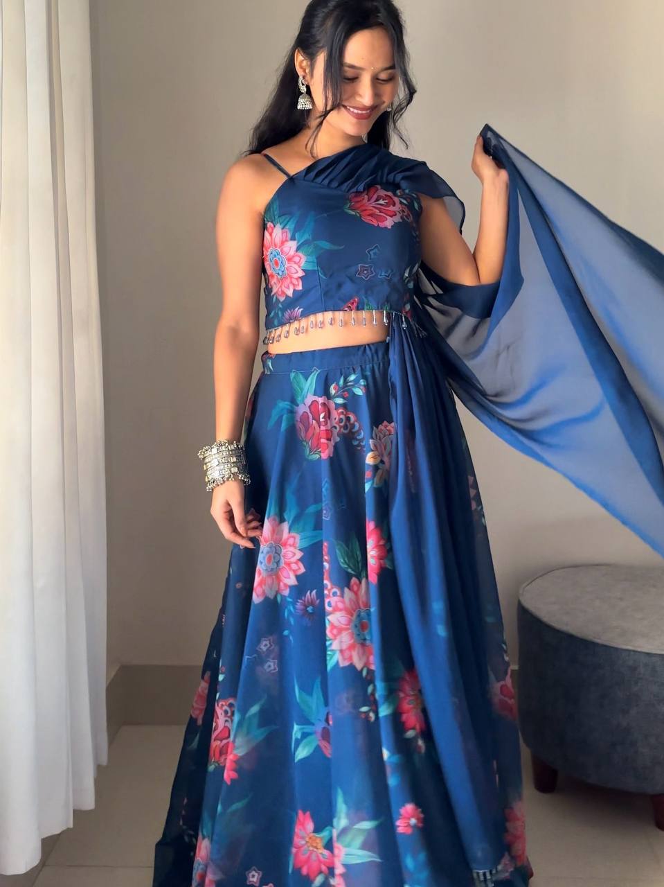Blue Elegant Floral Draped Lehenga Set ClothsVilla