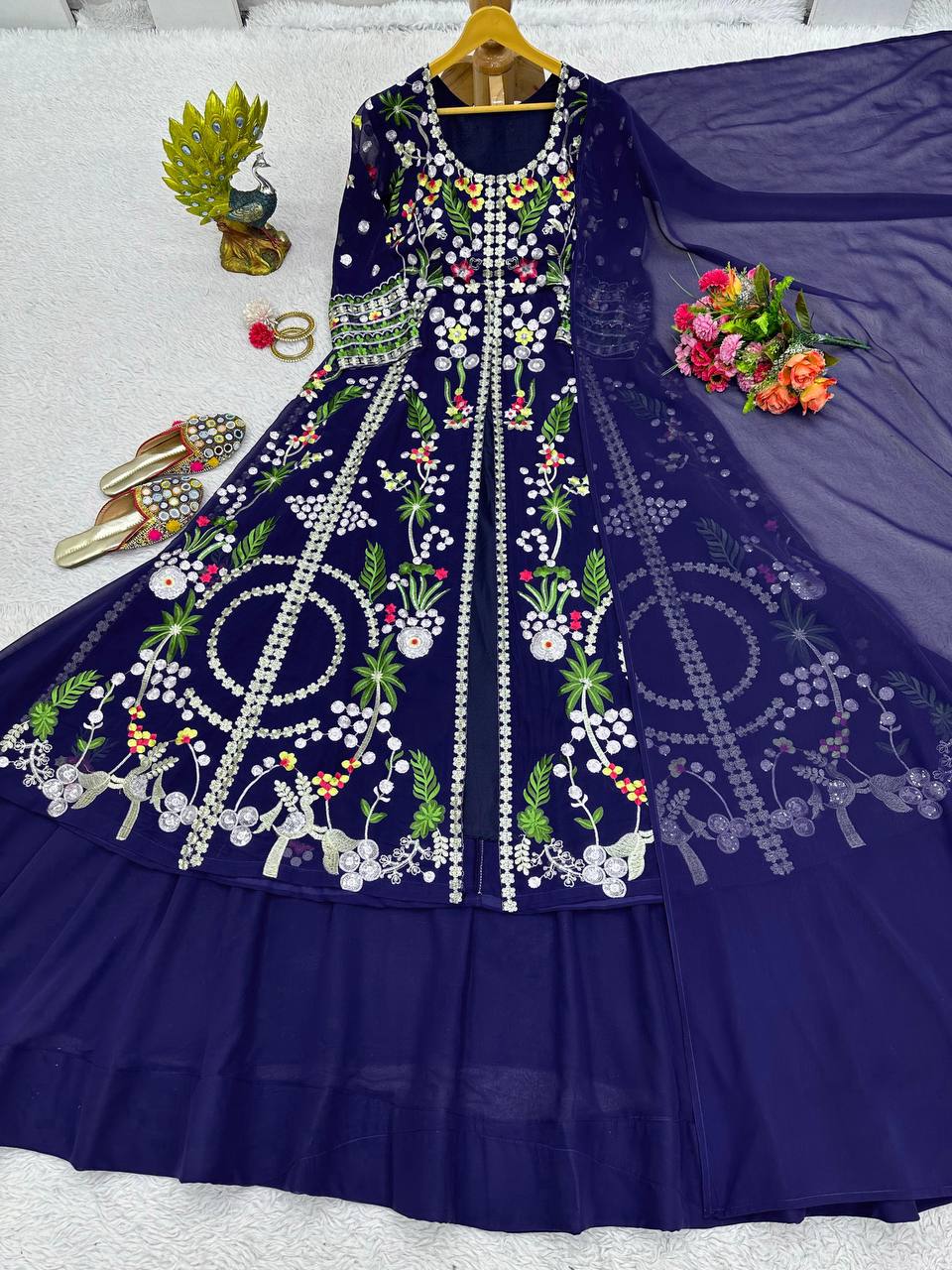 Blue Elegant Fox Georgette Lehenga Set with Full-Stitched Top & Lace Border Dupatta ClothsVilla