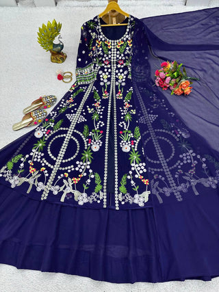 Blue Elegant Fox Georgette Lehenga Set with Full-Stitched Top & Lace Border Dupatta ClothsVilla