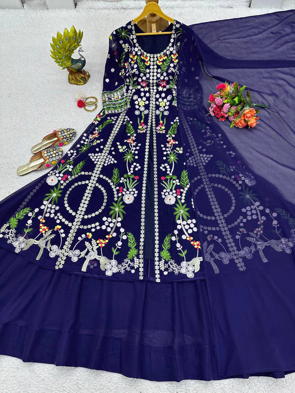 Blue Elegant Fox Georgette Lehenga Set with Full-Stitched Top & Lace Border Dupatta ClothsVilla