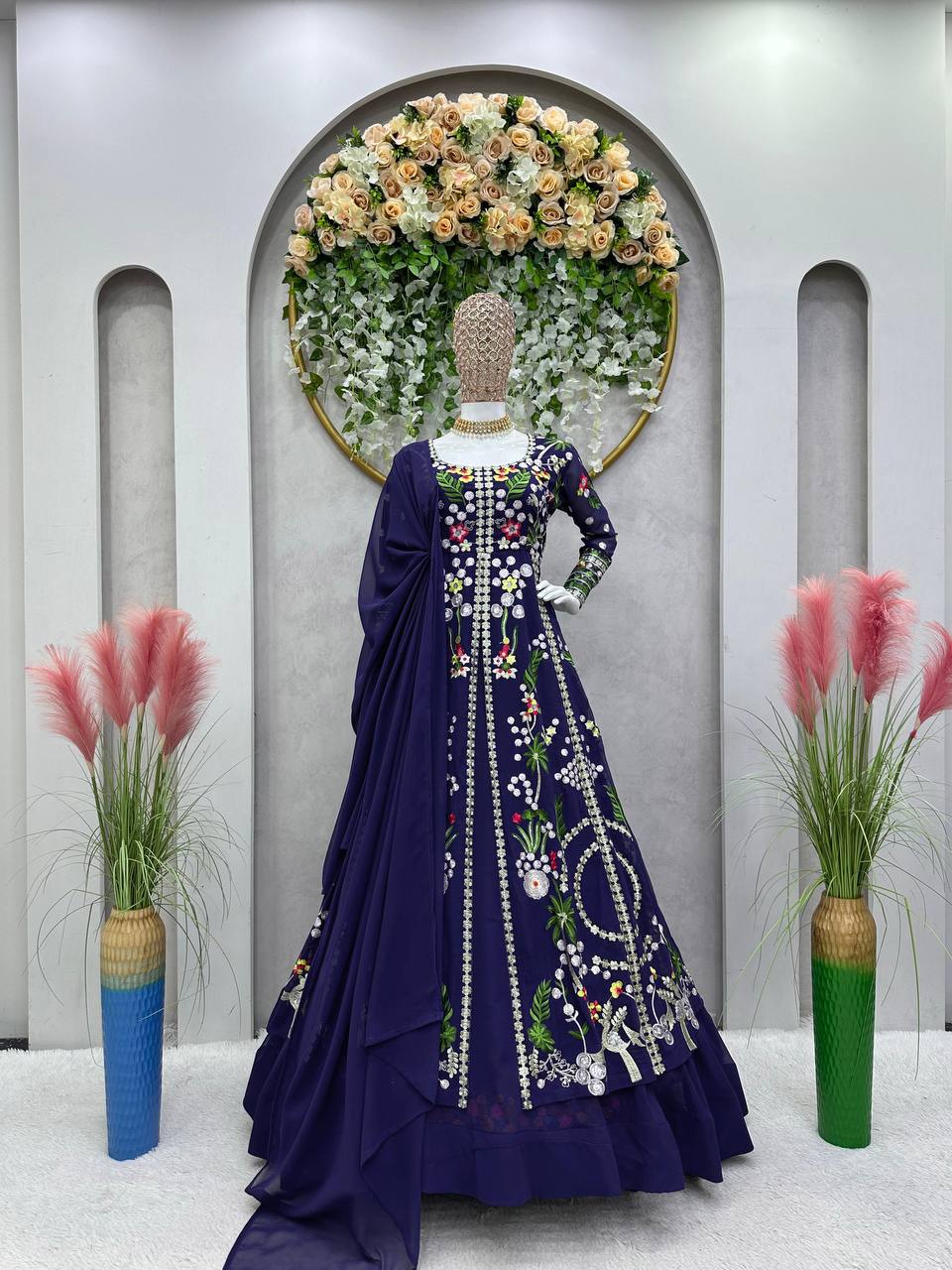 Blue Elegant Fox Georgette Lehenga Set with Full-Stitched Top & Lace Border Dupatta ClothsVilla