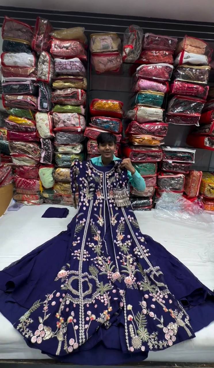 Blue Elegant Fox Georgette Lehenga Set with Full-Stitched Top & Lace Border Dupatta ClothsVilla
