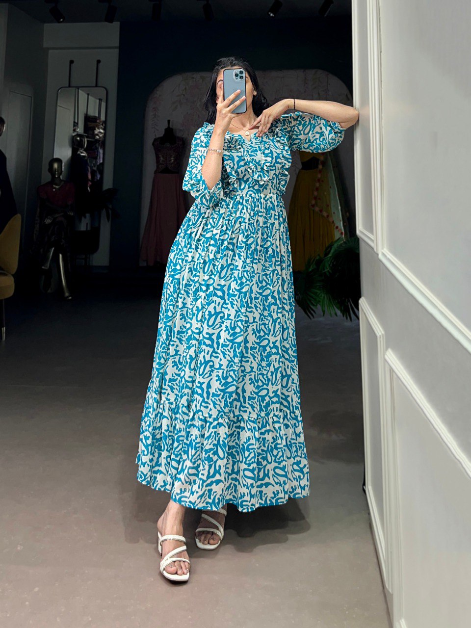 Blue Elegant Georgette Printed Frock – Stitched & Comfortable ClothsVilla