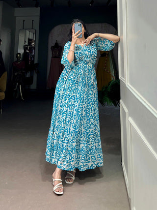 Blue Elegant Georgette Printed Frock – Stitched & Comfortable ClothsVilla