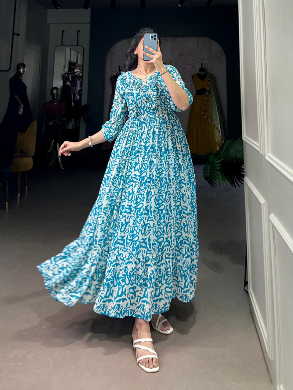 Blue Elegant Georgette Printed Frock – Stitched & Comfortable ClothsVilla Main image