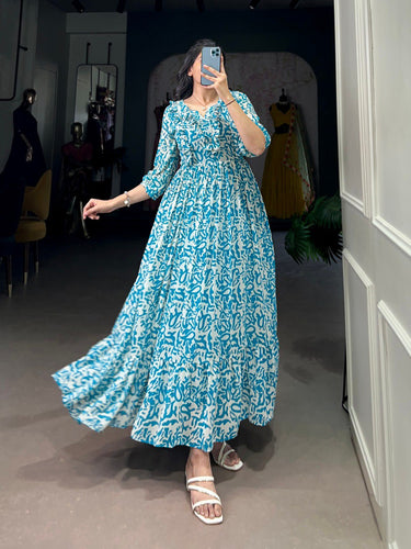 Blue Elegant Georgette Printed Frock – Stitched & Comfortable ClothsVilla