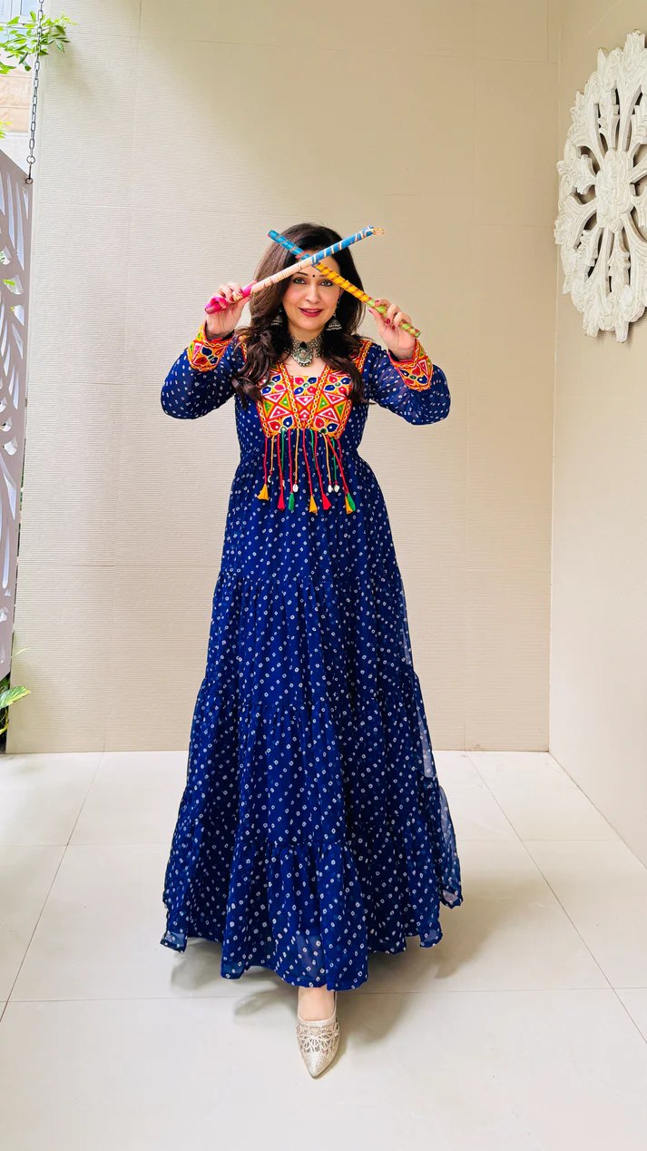 Blue Elegant Georgette Ruffle Gown with Mill Print, Chain Stitch Embroidery & Mirror Work –Fully Stitched ClothsVilla