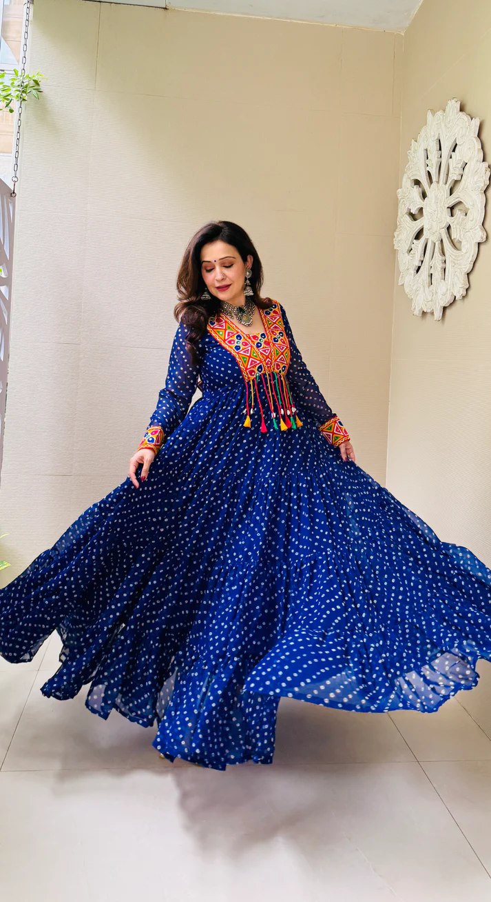 Blue Elegant Georgette Ruffle Gown with Mill Print, Chain Stitch Embroidery & Mirror Work –Fully Stitched ClothsVilla