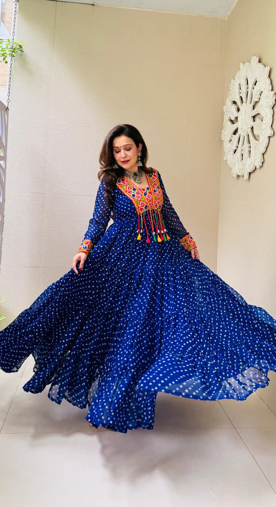 Blue Elegant Georgette Ruffle Gown with Mill Print, Chain Stitch Embroidery & Mirror Work –Fully Stitched ClothsVilla