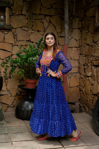 Blue Elegant Georgette Ruffle Gown with Mill Print, Chain Stitch Embroidery & Mirror Work –Fully Stitched ClothsVilla