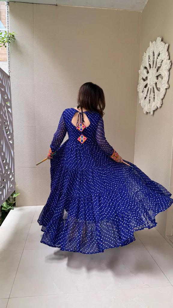 Blue Elegant Georgette Ruffle Gown with Mill Print, Chain Stitch Embroidery & Mirror Work –Fully Stitched ClothsVilla