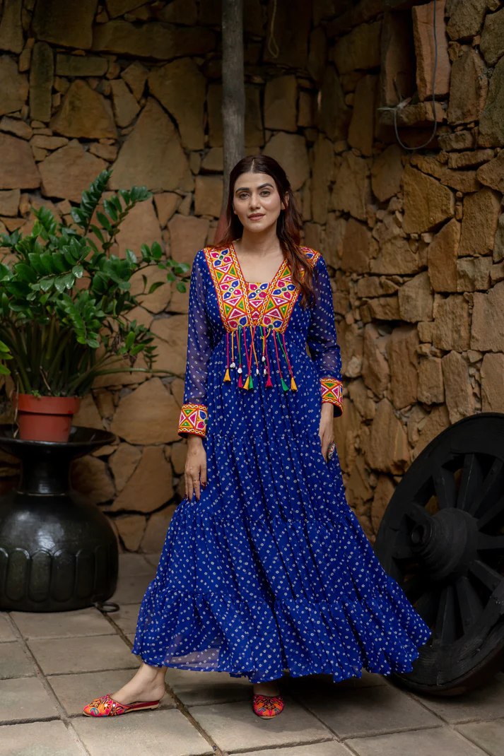 Blue Elegant Georgette Ruffle Gown with Mill Print, Chain Stitch Embroidery & Mirror Work –Fully Stitched ClothsVilla Main image