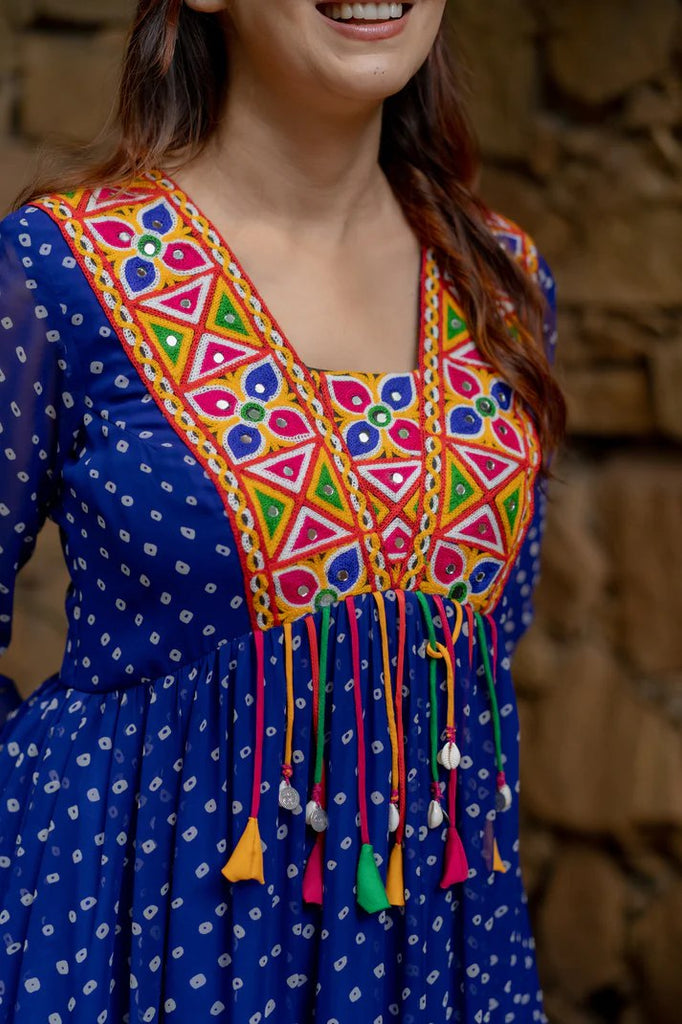 Blue Elegant Georgette Ruffle Gown with Mill Print, Chain Stitch Embroidery & Mirror Work –Fully Stitched ClothsVilla