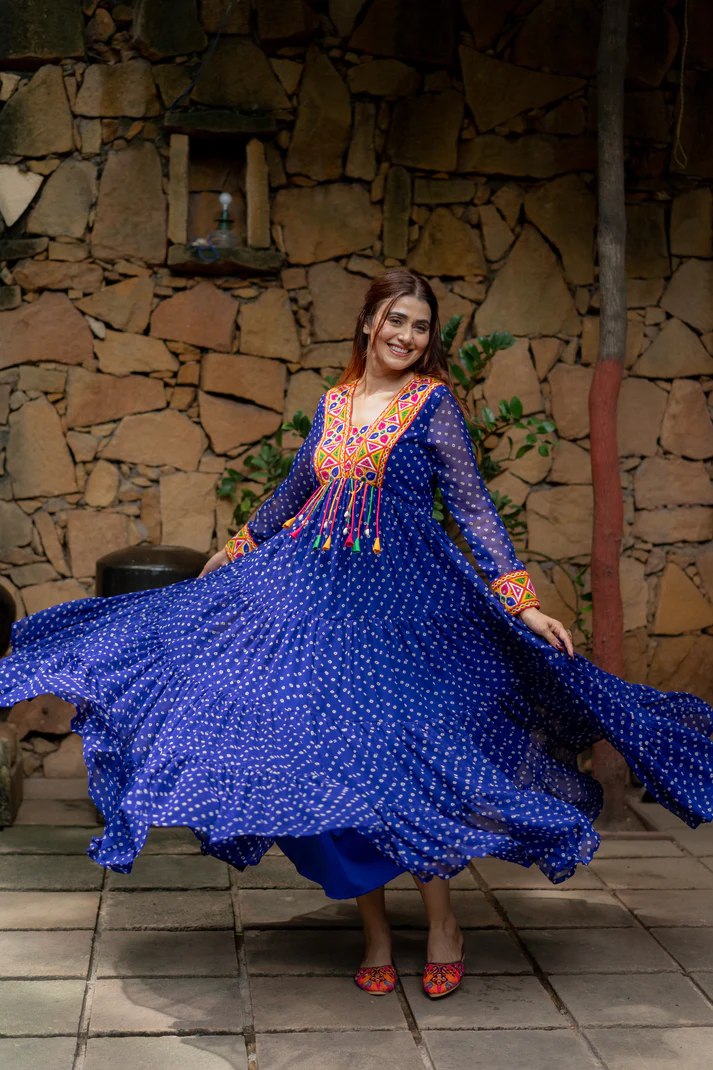 Blue Elegant Georgette Ruffle Gown with Mill Print, Chain Stitch Embroidery & Mirror Work –Fully Stitched ClothsVilla
