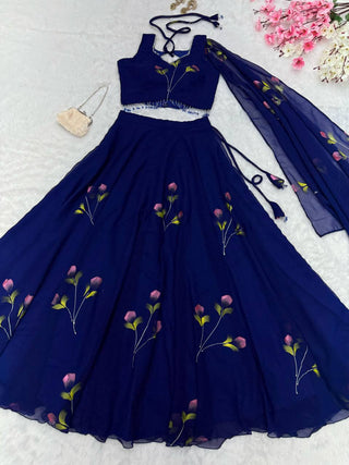 Blue Elegant Hand-Painted Georgette Lehenga Set ClothsVilla