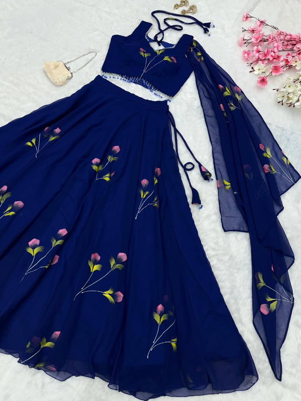 Blue Elegant Hand-Painted Georgette Lehenga Set ClothsVilla