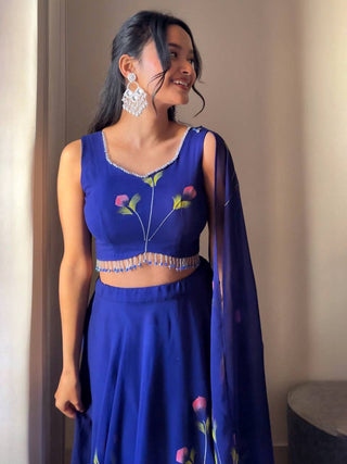Blue Elegant Hand-Painted Georgette Lehenga Set ClothsVilla