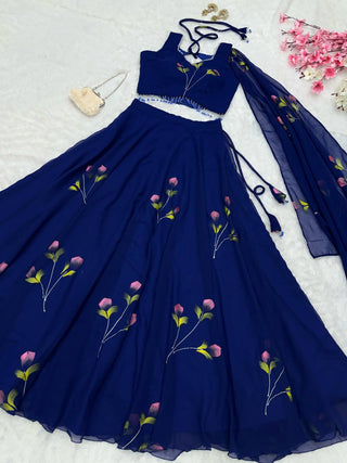 Blue Elegant Hand-Painted Georgette Lehenga Set ClothsVilla