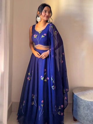 Blue Elegant Hand-Painted Georgette Lehenga Set ClothsVilla