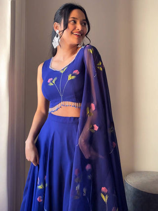 Blue Elegant Hand-Painted Georgette Lehenga Set ClothsVilla
