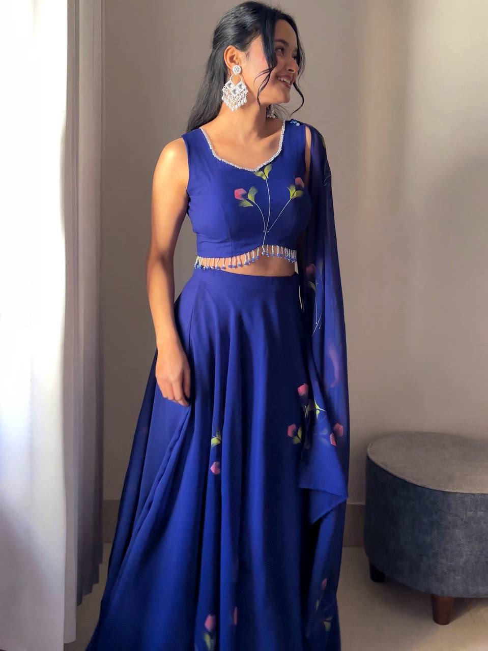 Blue Elegant Hand-Painted Georgette Lehenga Set ClothsVilla