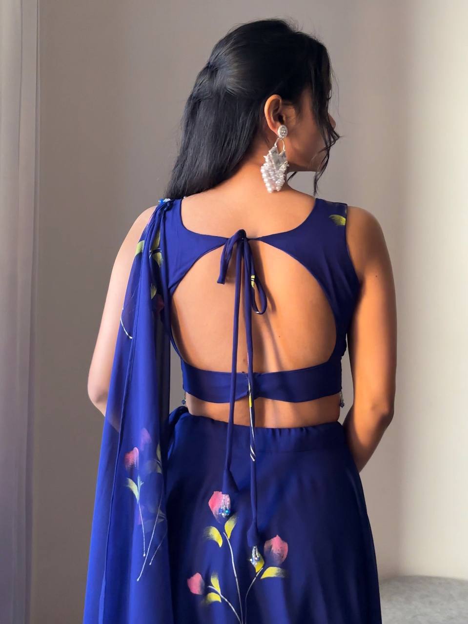 Blue Elegant Hand-Painted Georgette Lehenga Set ClothsVilla