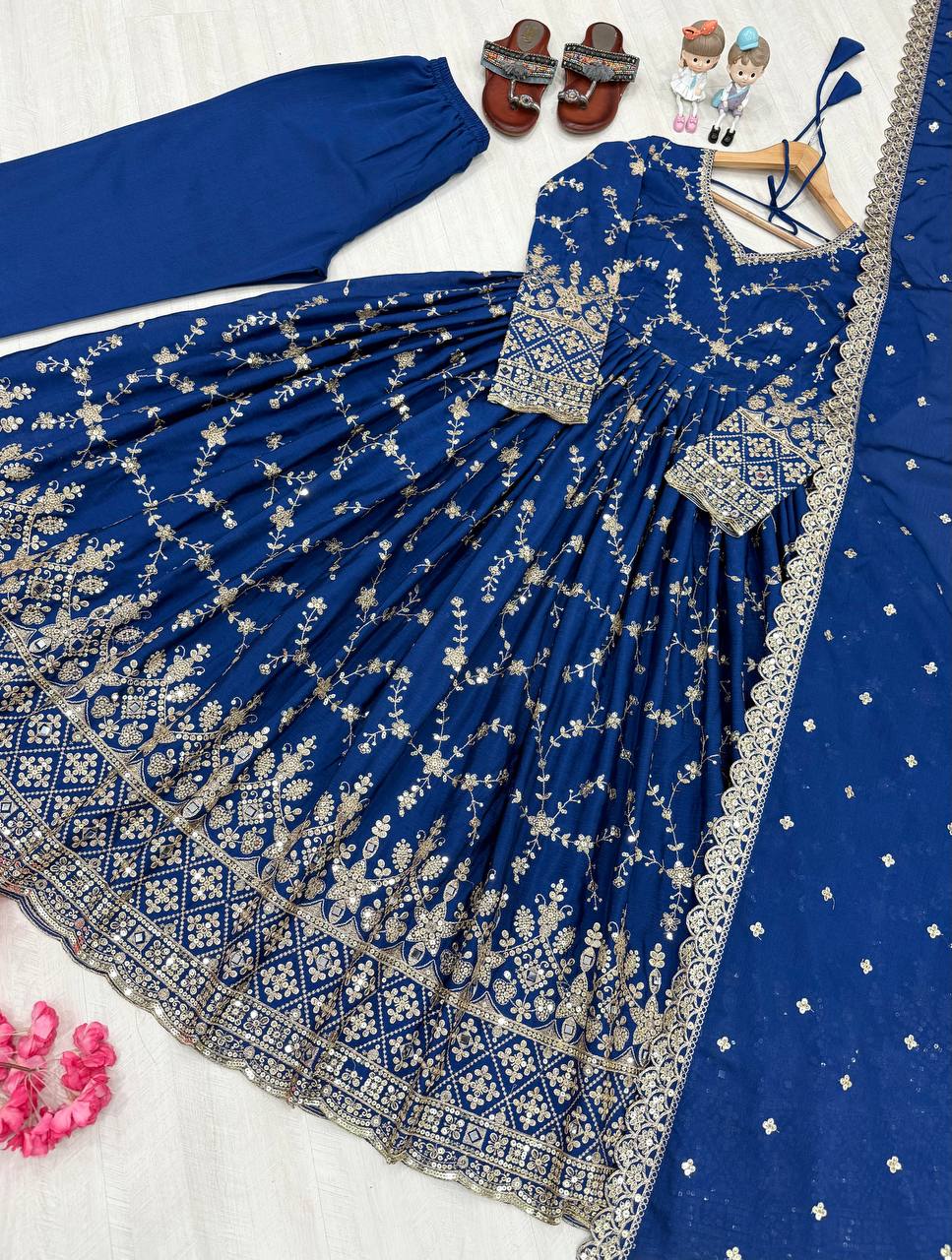 Blue Elegant Heavy Chinon Silk Anarkali Gown Set with Embroidery & Sequin Work – Fully Stitched with Dupatta & Bottoms ClothsVilla