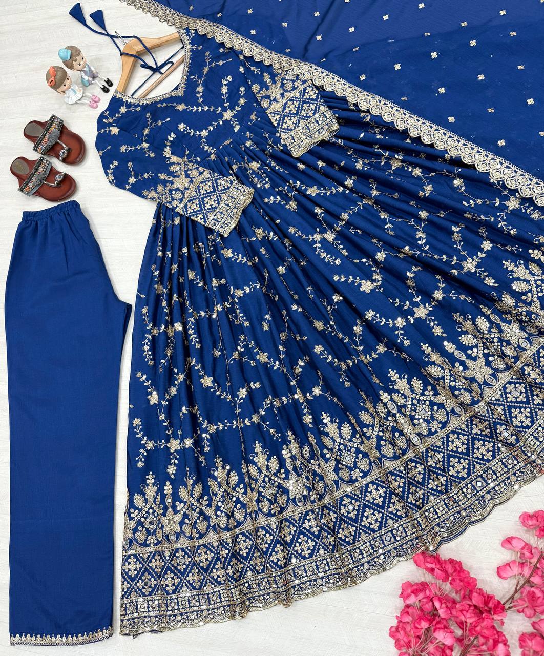 Blue Elegant Heavy Chinon Silk Anarkali Gown Set with Embroidery & Sequin Work – Fully Stitched with Dupatta & Bottoms ClothsVilla
