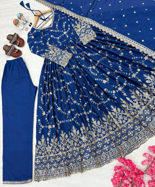 Blue Elegant Heavy Chinon Silk Anarkali Gown Set with Embroidery & Sequin Work – Fully Stitched with Dupatta & Bottoms ClothsVilla