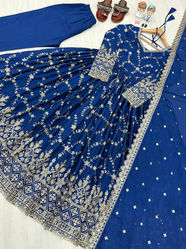 Blue Elegant Heavy Chinon Silk Anarkali Gown Set with Embroidery & Sequin Work – Fully Stitched with Dupatta & Bottoms ClothsVilla