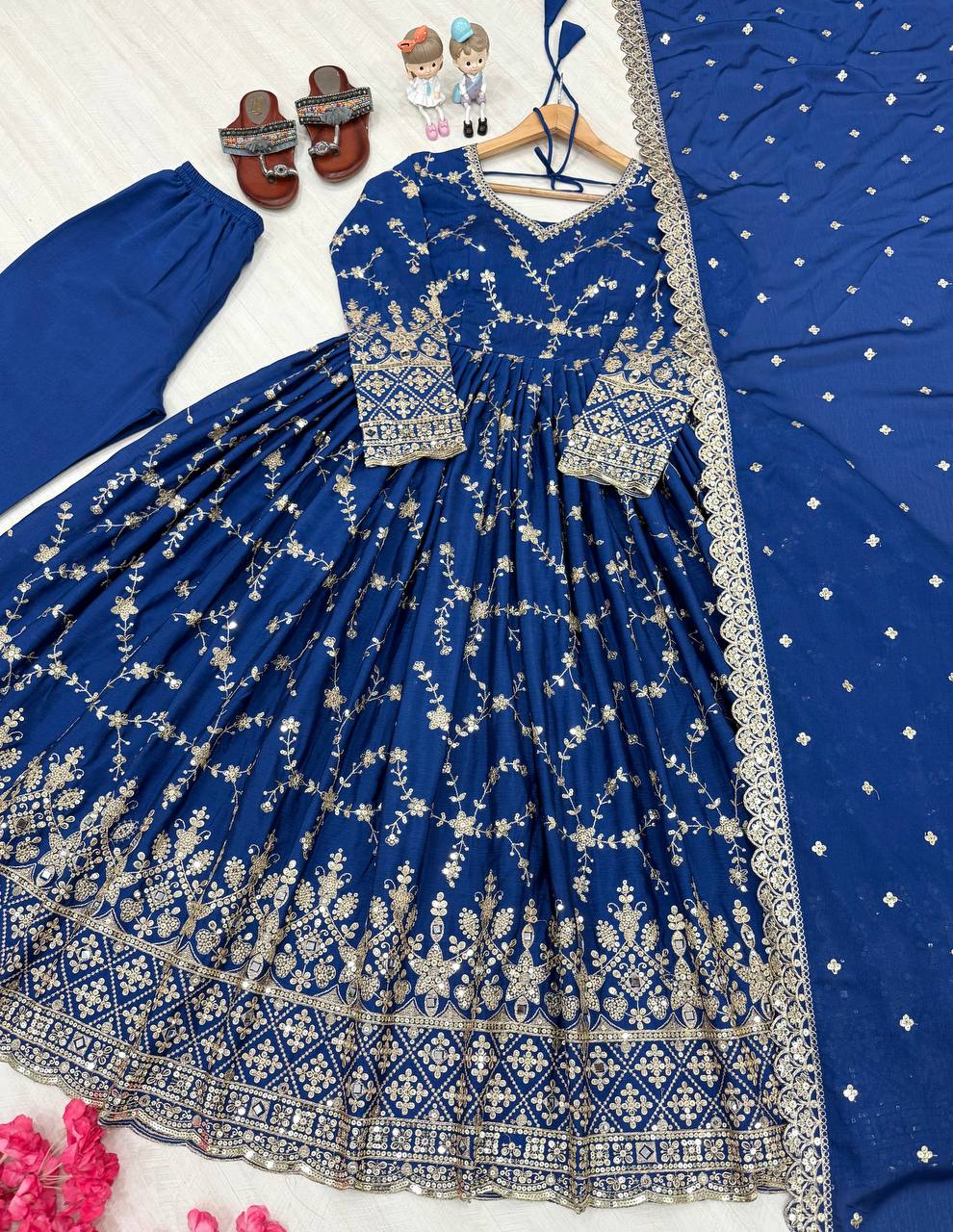Blue Elegant Heavy Chinon Silk Anarkali Gown Set with Embroidery & Sequin Work – Fully Stitched with Dupatta & Bottoms ClothsVilla