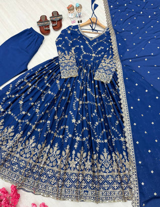 Blue Elegant Heavy Chinon Silk Anarkali Gown Set with Embroidery & Sequin Work – Fully Stitched with Dupatta & Bottoms ClothsVilla