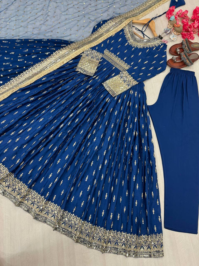 Blue Elegant Heavy Chinon Silk Embroidered Gown Set with Tassel Sleeves, Bottom & Butterfly Net Dupatta ClothsVilla
