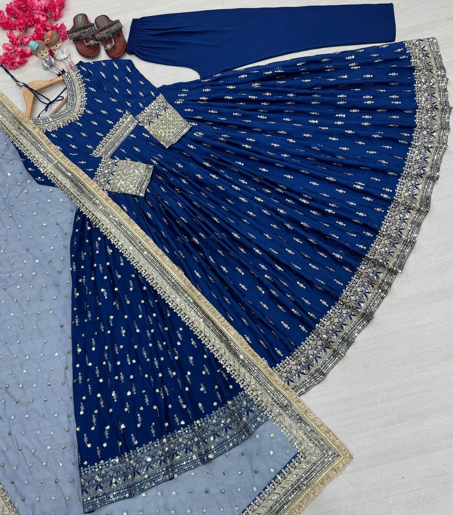 Blue Elegant Heavy Chinon Silk Embroidered Gown Set with Tassel Sleeves, Bottom & Butterfly Net Dupatta ClothsVilla